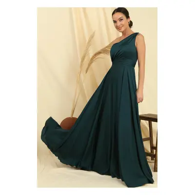 By Saygı One-Shoulder Crepe Satin Dress with Draping and Linen, Wide Body space