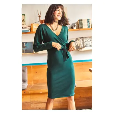 Olalook Women's Emerald Green Double Breasted Belted Knitwear Dress