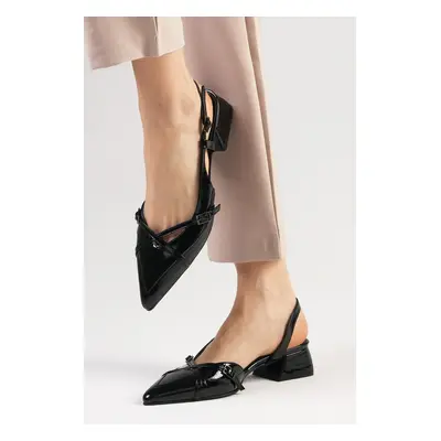 Mio Gusto Mystic Genuine Patent Leather Black Color Open Back Women's Short Heeled Shoes