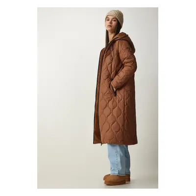 Happiness İstanbul Women's Brown Hooded Quilted Coat with Pockets