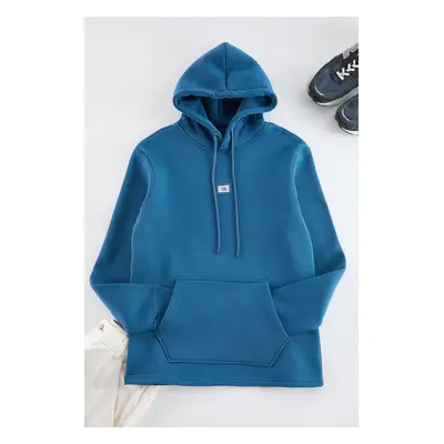 Trendyol Indigo Hooded Regular/Normal Cut Labeled Inside Polar Fleece Cotton Thick Sweatshirt