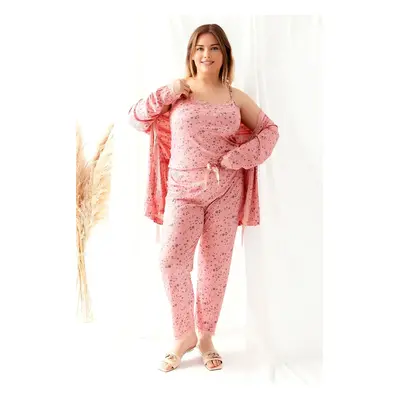 Trendyol Curve Pink Star Pattern 3-Pack Lacing and Lace Detail Knitted Pajamas Set