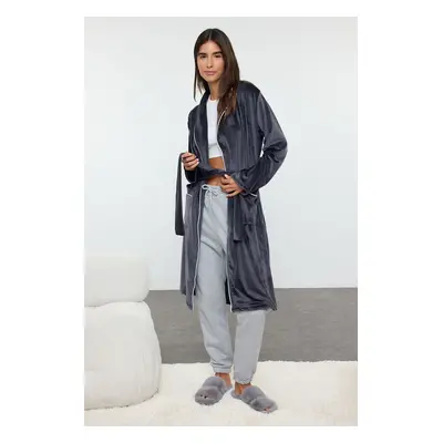 Trendyol Smoke Belted, Piping, Pocketed Velvet Knitted Dressing Gown