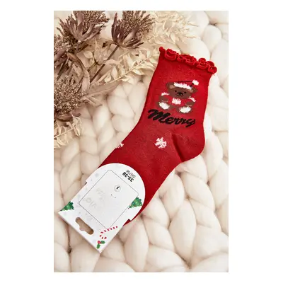 Women's shiny Christmas socks with red teddy bear