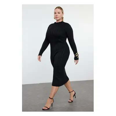 Trendyol Curve Black Ribbed Stand Collar Premium/Special Yarn Knitwear Dress