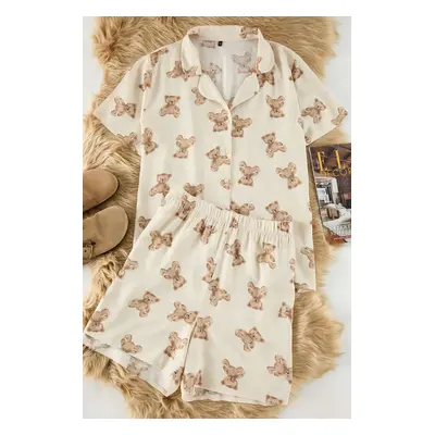 Trendyol Curve Beige Teddy Bear Patterned Shirt Collar Viscose Woven Pajama Set