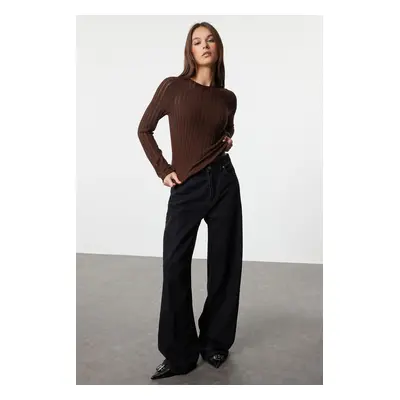 Trendyol Dark Brown Transparent Knitwear Look Fabric Regular Size Crew Neck Knitted Blouse