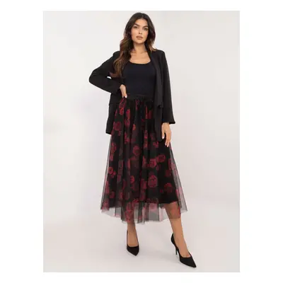 Red and black floral tulle midi skirt