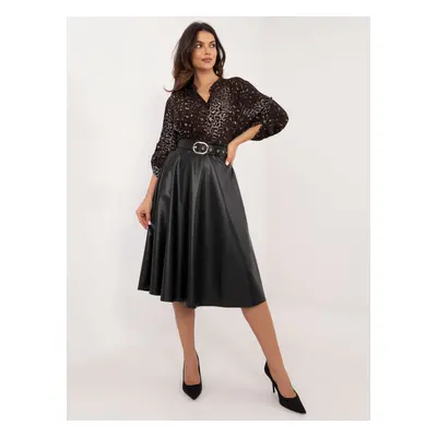 Black midi skirt made of eco-leather with a belt