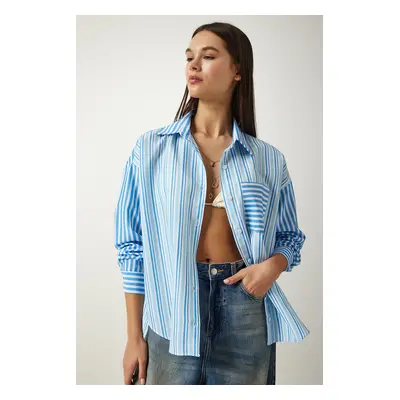 Happiness İstanbul Women's Sky Blue Striped Oversize Cotton Woven Shirt