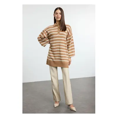 Trendyol Camel Striped Double Plaited Sweater