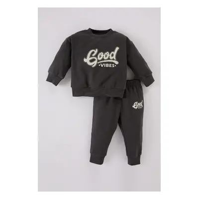 DEFACTO Baby Boy 2-Piece Set Crew Neck Printed Sweatshirt Elastic Waist Tracksuit Bottoms