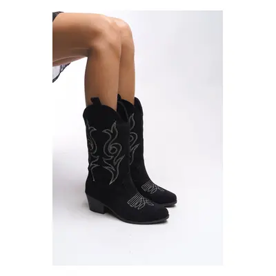 Riccon Beicilia Women's Embroidered Western Boots Black Suede