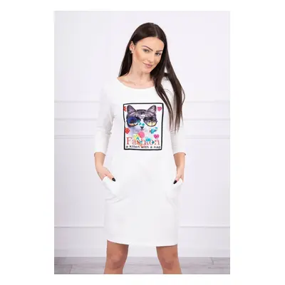 Dress with cat graphics 3D ecru