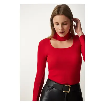 Happiness İstanbul Women's Red Cut Out Detailed Turtleneck Ribbed Knitted Blouse