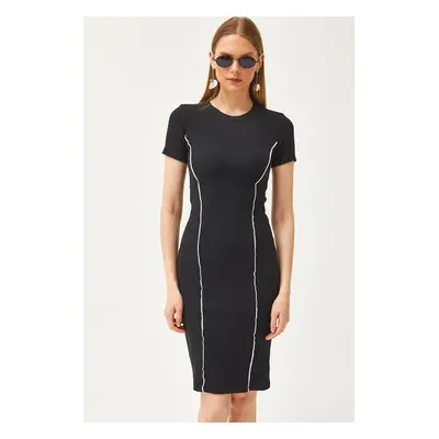 Olalook Women's Black Stripe Detailed Lycra Mini Cotton Dress