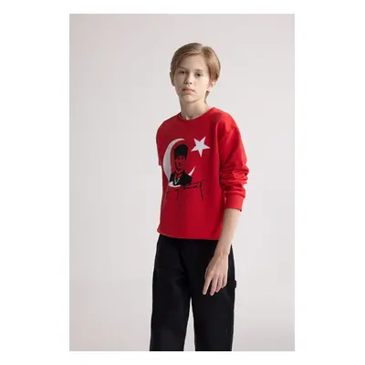 DEFACTO Boy October Republic Day Crew Neck Atatürk Printed Red Sweatshirt