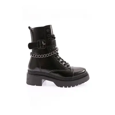 DGN K9078 Women's Belt Detailed Lace-Up Boots with Chain.