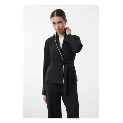 Trendyol Black Belted Brushed Soft Ribbed Piping and Double Breasted Detailed Knitted Pajama Set