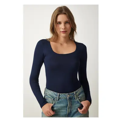 Happiness İstanbul Women's Navy Square Neck Viscose Knitted Blouse