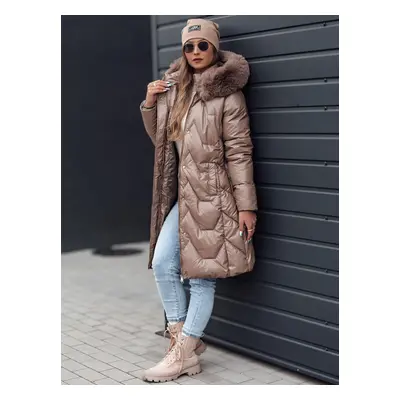 Women's winter jacket ELECIO long quilted with hood dark beige Dstreet