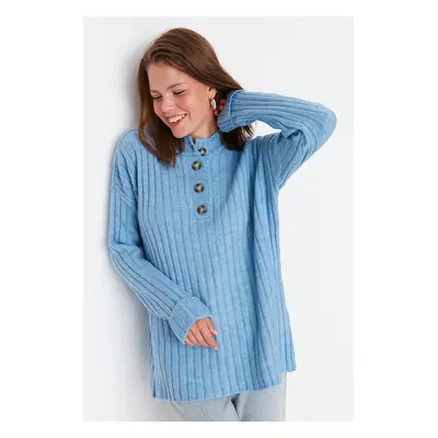 Trendyol Blue Collar Buttoned Ribbed Knitwear Sweater