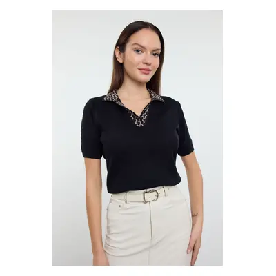 Trendyol Navy Blue Collar Patterned Knitted Thin Blouse