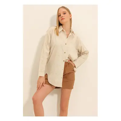 Trend Alaçatı Stili Women's Beige Motif Oversize Linen Shirt