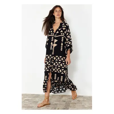 Trendyol Black Printed Midi Wide Neck Border Pattern Detailed Woven Dress