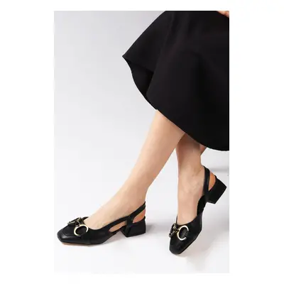 Mio Gusto Dita Black Women's Short Heeled Shoes with Buckle Accessory and Open Back.