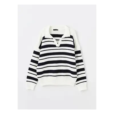 LC Waikiki LCW Vision Navy Blue Striped Polo Collar Striped Oversize Women's Knitwear Sweater