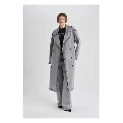 DEFACTO Belted Double Breasted Button Closure Belted Long Jean Trench Coat