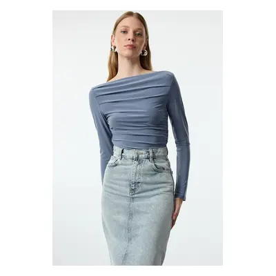 Trendyol Indigo Boat Neck Draped Fitted Stretchy Knitted Blouse