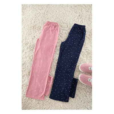 Trendyol Pink-Navy 2-Pack Star and Heart Patterned Polar Fleece Winter Knitted Pajama Bottoms