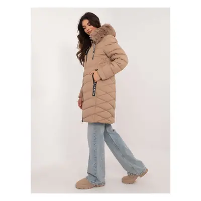 Beige long winter jacket with hood