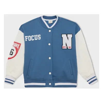 DEFACTO Girls Printed College Collar Snap Closure Thick Soft Furry Bomber Cardigan