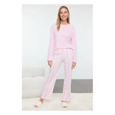 Trendyol Pink 100% Cotton Striped Knitted Pajama Set