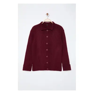 Trendyol Curve Claret Red Soft Textured Stand Collar Knitwear Cardigan