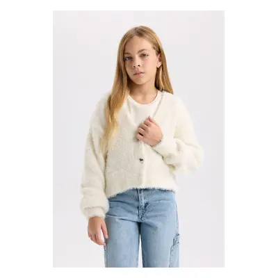 DEFACTO Girl V Neck White Buttoned Plush Cardigan