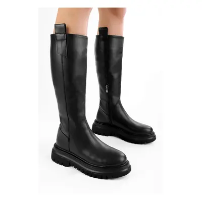 Shoeberry Women's Petol Black Leather Zippered Thick Soled Boots