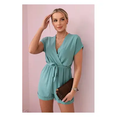 Short jumpsuit with a dark mint waist tie