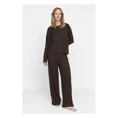 Trendyol Brown Ribbed Knitted Pajama Set