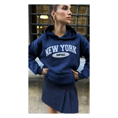 Laluvia Navy Blue Premium Cotton New York Print Hooded Sweatshirt