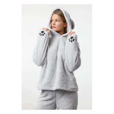 Trendyol Gray Hooded and Embroidered Wellsoft Winter Knitted Pajama Set