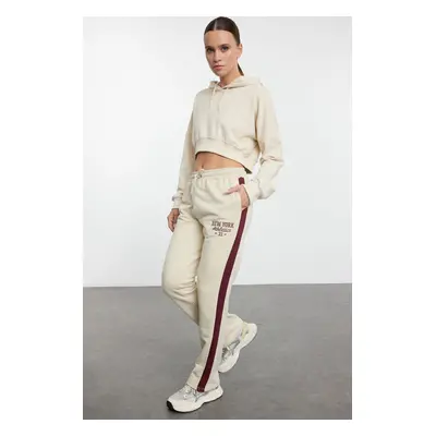 Trendyol Stone Color Block Slogan Printed Straight Pattern Knitted Sweatpants