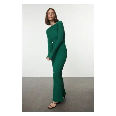 Trendyol Emerald Green Plain Textured Fitted Maxi Knitted Dress