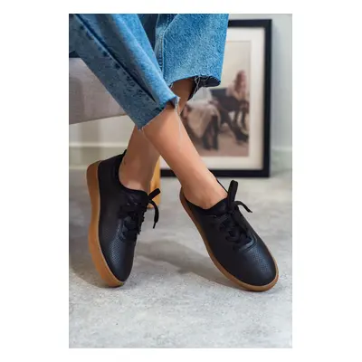 NİŞANTAŞI SHOES Venice Black Matte Flat Sole Lace-Up Women's Sports Shoes