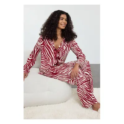 Trendyol Burgundy Zebra Patterned Ribbon/Bow and Piping Detailed Viscose Woven Pajama Set