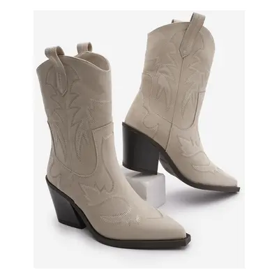 Marjin Women's Pointed Toe Embroidered Western Boots Merledi Beige Suede