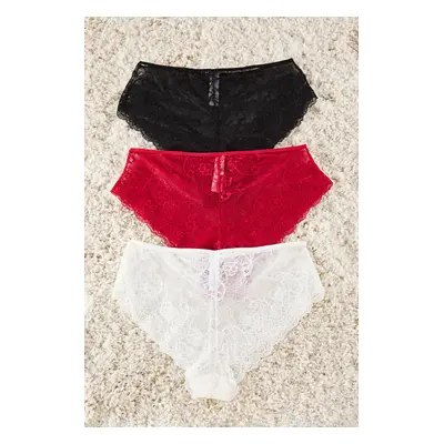 Trendyol Curve Black-Ecru-Red Soft Lace Plus Size Panties